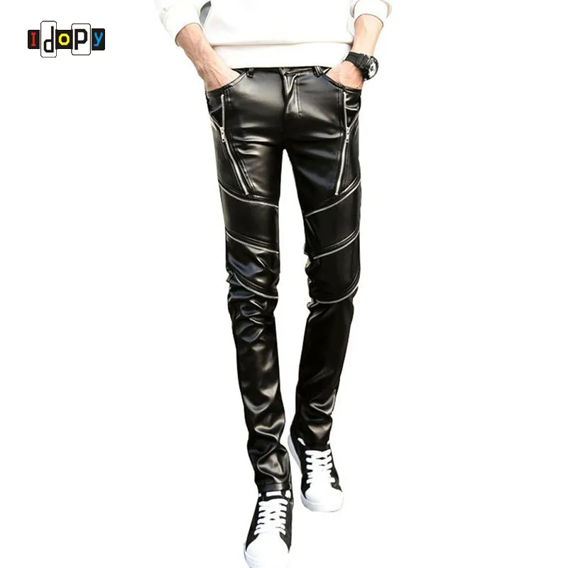 

Idopy DJ Swag Skinny Faux Leather PU Tight Black Joggers Party Cosplay Biker Pants For Men Boys With Zippers