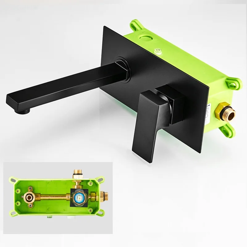 

Brass Matte Black Faucet Basin Sink Tap Wall Mounted Square Brass Mixer Tap Bathroom Concealed Faucet With Embedded Box Crane