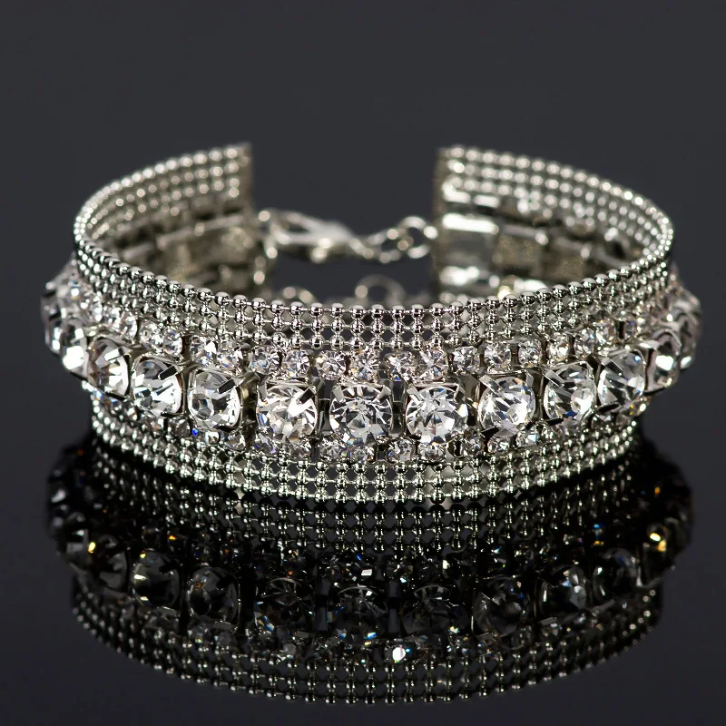 Luxury Braidal Crystal Bracelets Wide Bracelets & Bangles Pulseras Mujer For Women Silvery Wedding Jewelry
