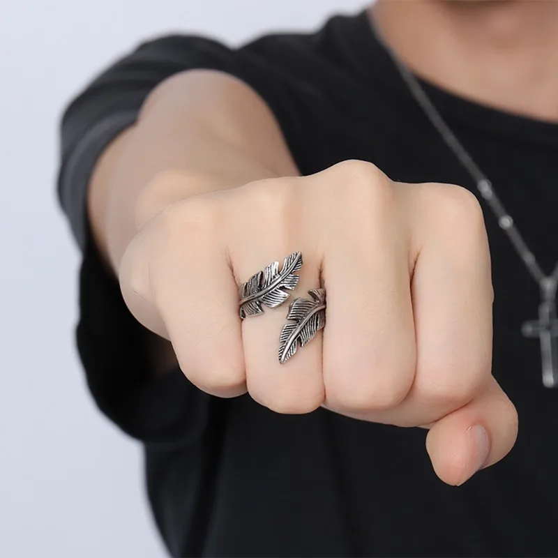 Vnox Vintage Feather Ring Men Jewelry Stainless Steel Biker Style Hand Polishing US Size 7 8 9 10 11 12