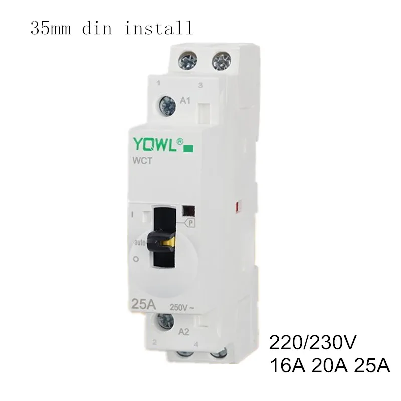 2P 16A 20A 25A 220V/230V 50/60HZ Household Din rail AC Contactor Modular Manual Control Home AC Contactor 2NO 2NC or 1NO+1NC CT1