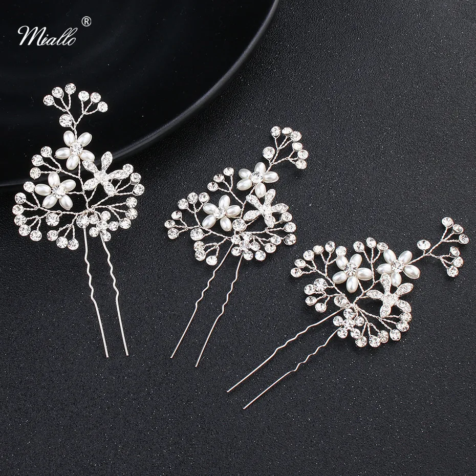 Miallo 6pcs/lot Fashion Women Hair Fork Rhinestone Ladies Hair Stick Clips Handmade Hairstylist Pearls Hair Jewelry Hairpins