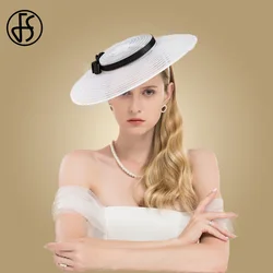 FS-sombreros grandes de ala ancha para mujer, sombreros de Iglesia, elegantes, blancos, con lazo, vestido de fiesta de boda, color negro