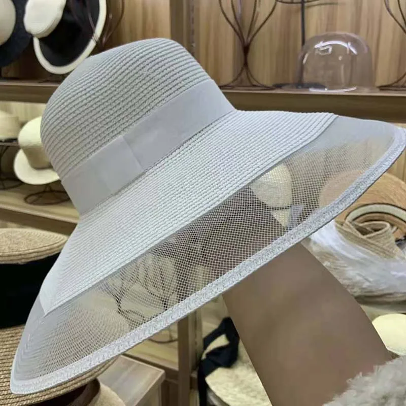 Fascinating Veil Netting Sun Hat UPF 50+ Ladies Kentucky Derby Hats Wide Brim Straw Hat Women Summer Beach Cap Fedoras Dress Hat