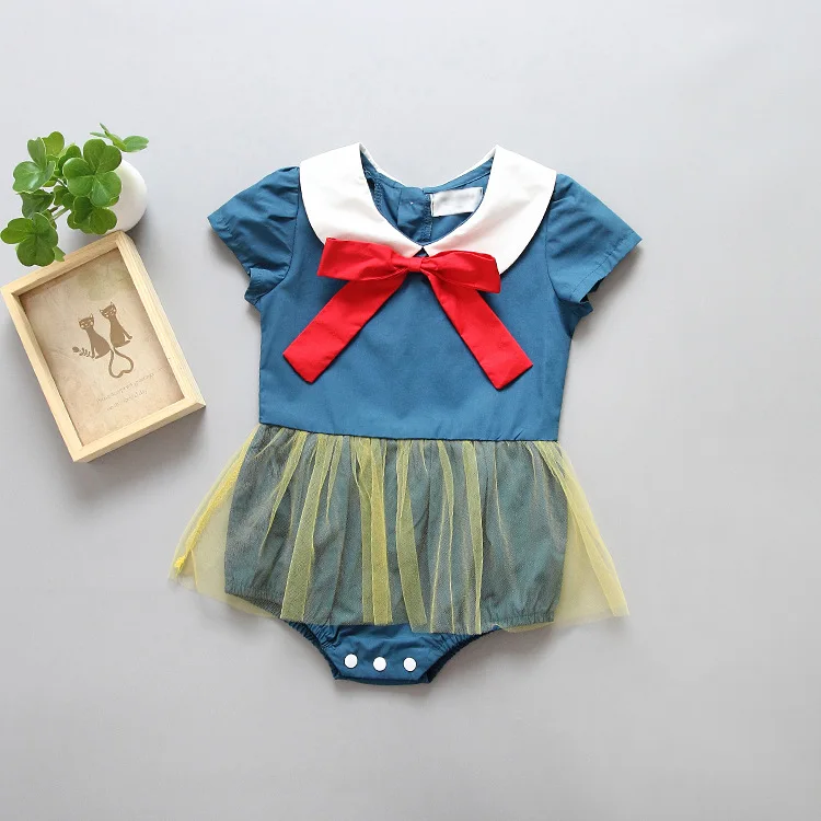 Fashion Baby Girl Bodysuit Fashion Infant Blue Peter Pan Collar Dress Summer Short Sleeve Baby Jumpsuits Outfits for Newborns