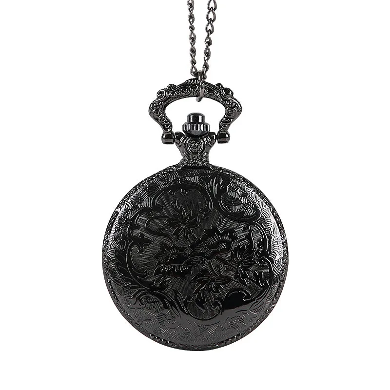 Large Vintage Retro Carved Pocket Watch Black Necklace Matte Texture Eiffel Tower Pocket Watch with Chain