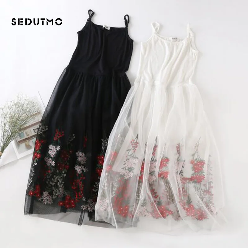 SEDUTMO Embroidery Gauze Lace Dress Women Spring Tunic Spaghetti Strap Dresses Long Beach Sundress Summer Party Dress ED097