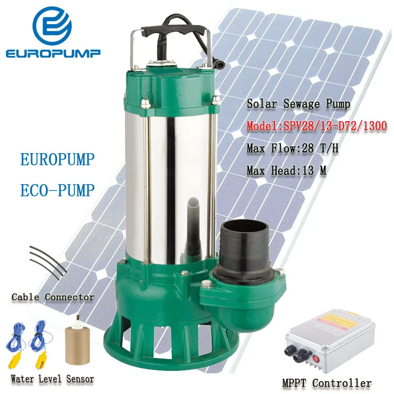 

EUROPUMP Solar Pump DC solar Sewage pumps 1300W Max flow 9000 L/H Lift 27M solar Slush pump MODEL(SPV28/13-D72/1300)