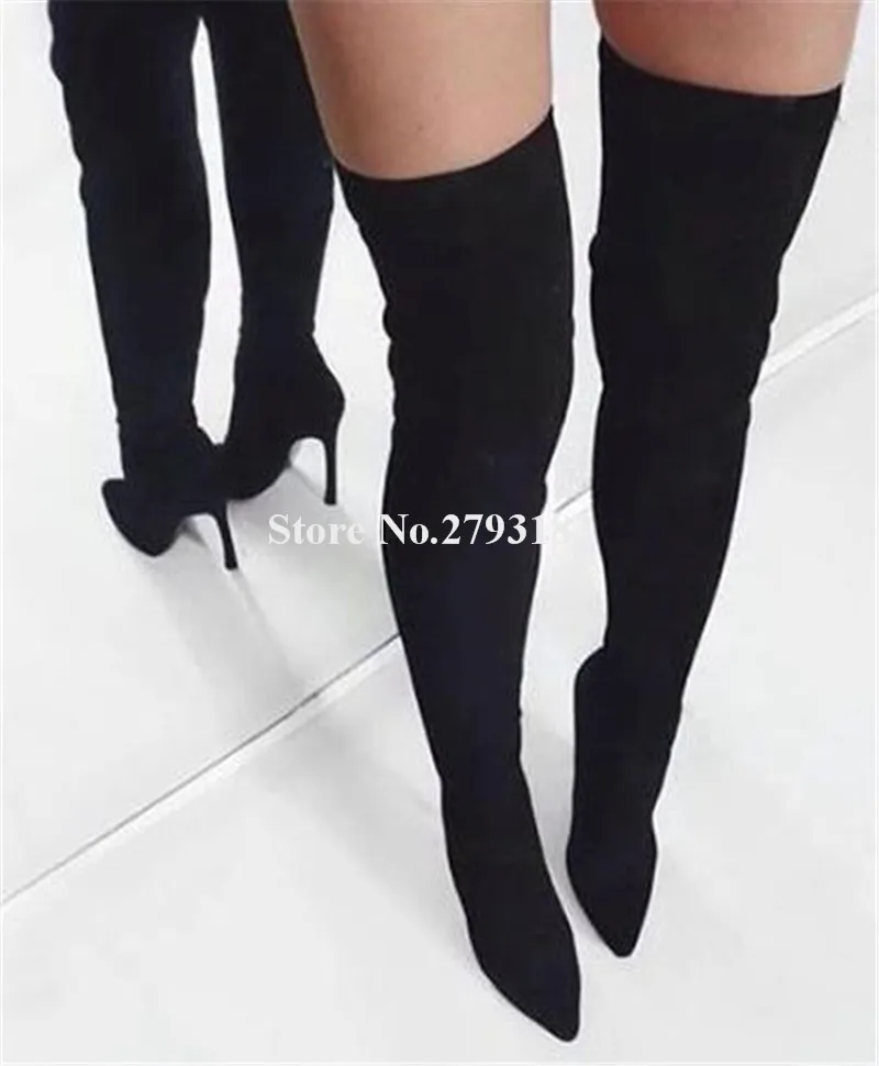 

Brand Fashion Women Pointed Toe Suede Leather Thin Heel Over Knee Boots Black Grey Slim Long High Heel Boots Club Shoes