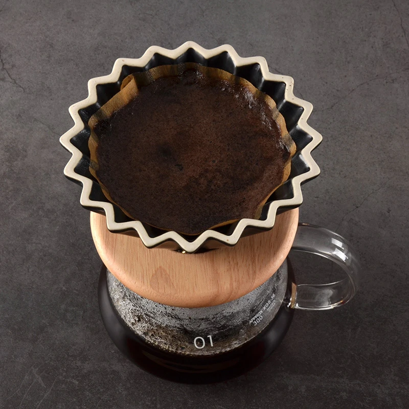 Espresso Coffee Filter and Wooden Tray Flowers Ceramic Coffee Filter Cup Coffee Accessories Funnel Drip Hand Cup Filter