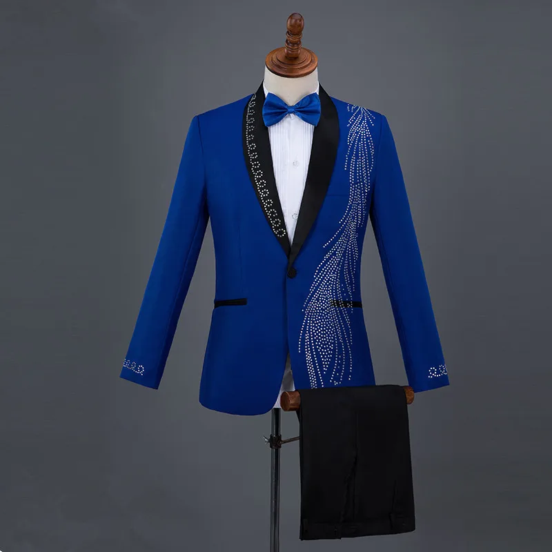 Red Blue Black White Crystals Tuxedo Men's Suit Adult Singer Host Stage Clothing Chorus Performance Costume Wedding Party Outfit