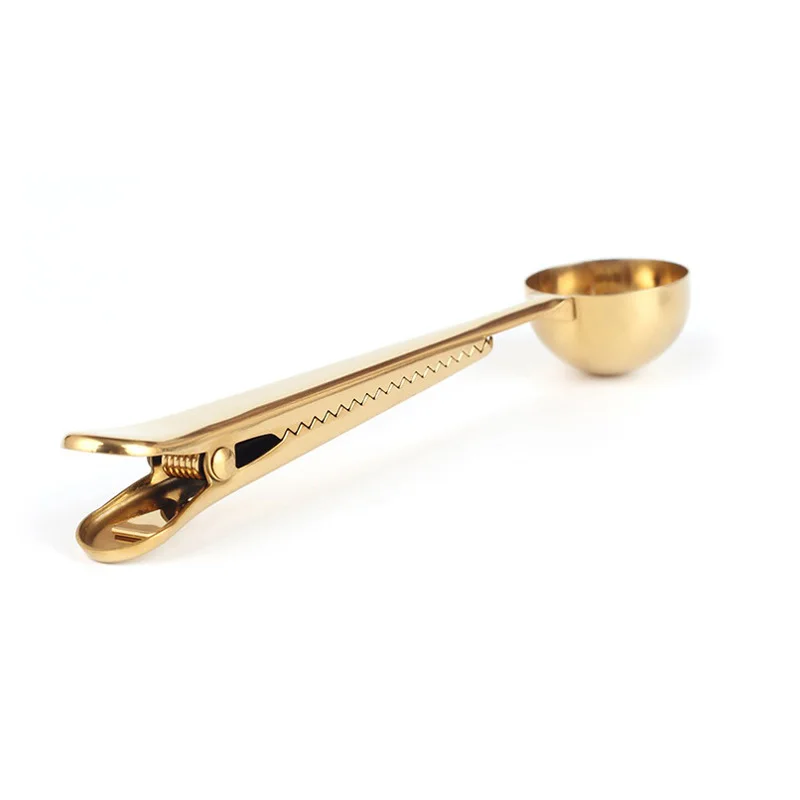 

100pcs/lot Gold Stainless Steel Coffee Scoop Multifunctional Bag Sealing Clip Ground Coffee Spoon Drinkware Tools