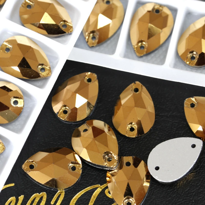 7x12,10.5x18,13x18,13x22,17x28,22x38mm Gold Hematite Color Teardrop Sew on Rhinestone Pear Droplet Flatback 2holes