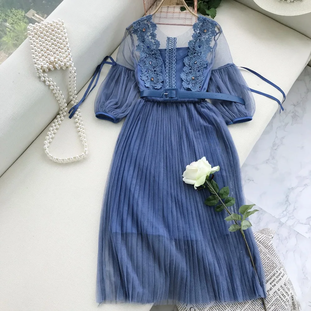 

2024 Women Lantern Sleeve Mesh Gauze Lace Flower Bead Dress Elegant Lady Bodycon Vestidos Long Pleated Slim Chic Belt Midi Dress