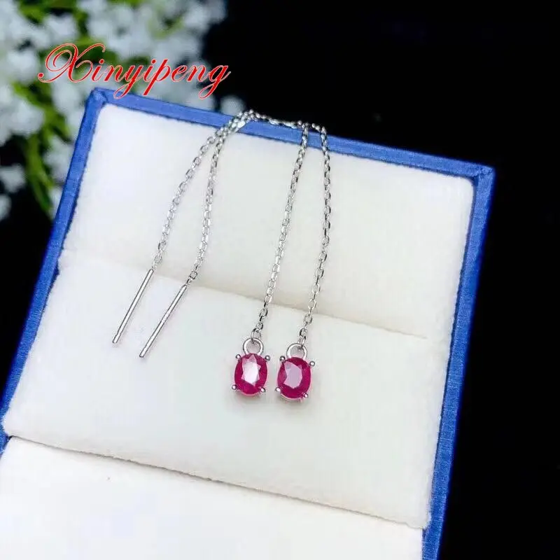 

Xin yi peng 925 silver plated gold inlaid natural ruby ears line eardrop women simple engagement wedding gift