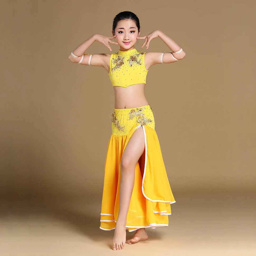 Ropa de danza del vientre para niños, traje Oriental, Top y falda, conjunto de traje de danza del vientre para niñas