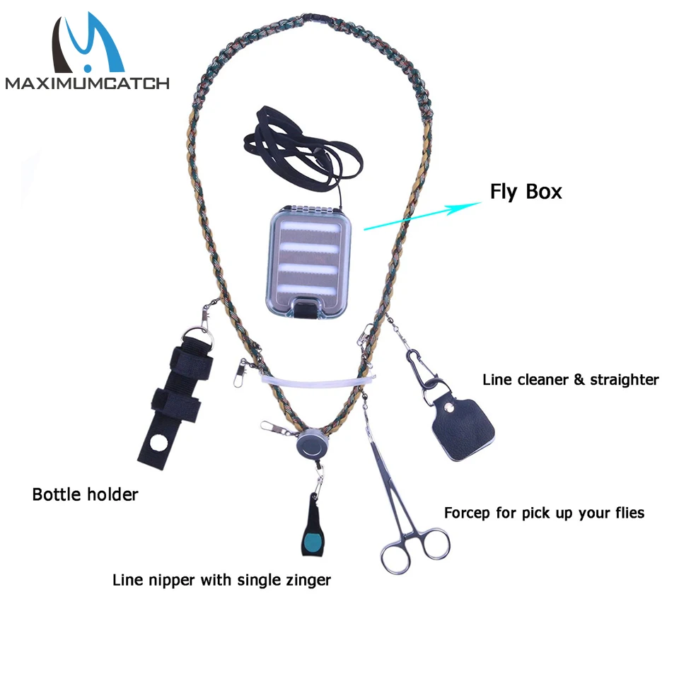 Maximumcatch High Quality Fly Fishing Lanyard with Zinger Tippet Holder Line Nipper Forceps Bottle Holder Fly Fishing Accessory