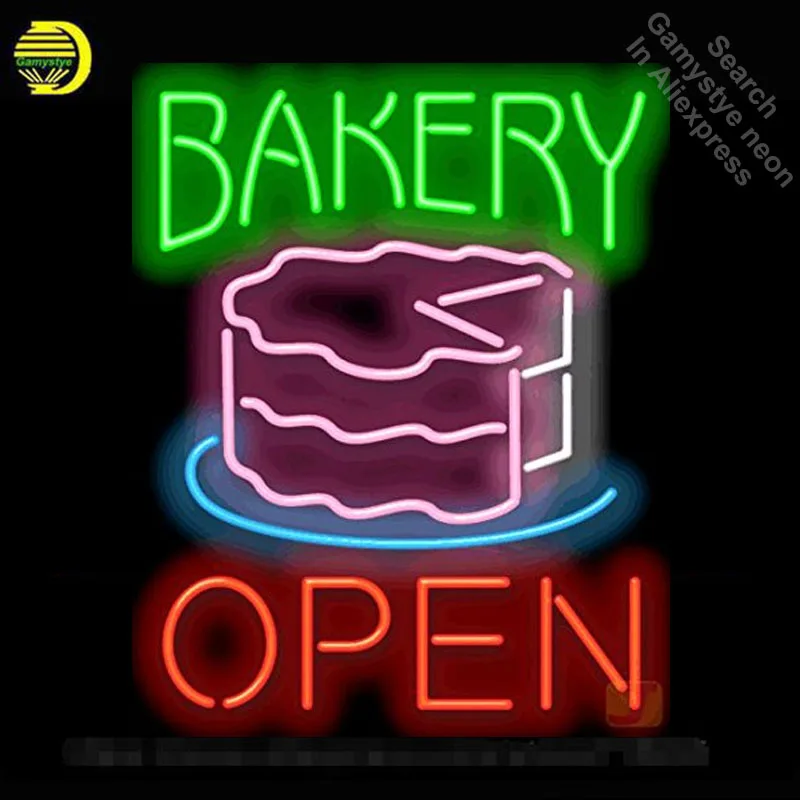 Neon Sign for Bakery Open with Cake Neon Bulbs sign Lamps handcraft Glass tubes Decorate Beer Bar Wall Room signs made to order