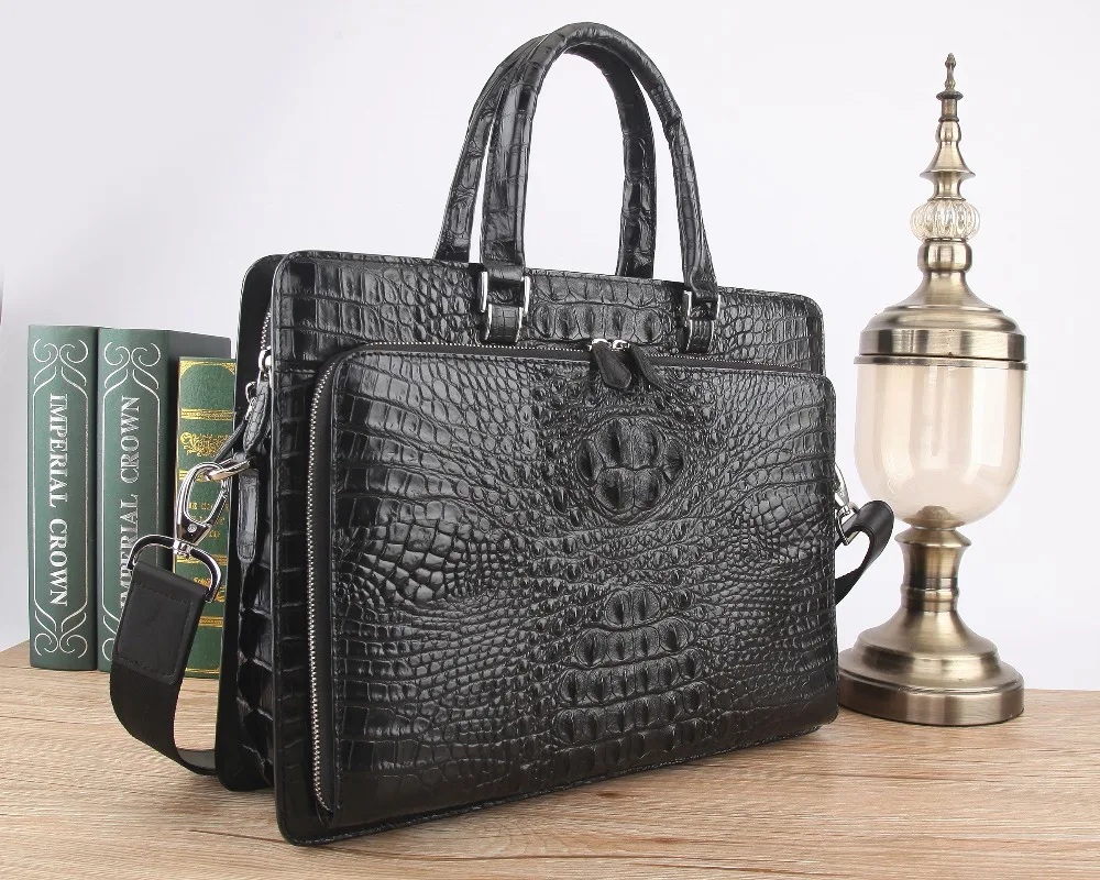 Double zippers 100% genuine real crocodile head skin leather men business briefcase bag laptop bag official men bag free ship