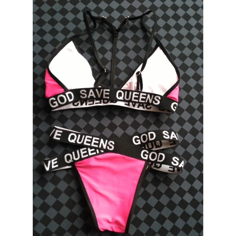 Maillot de bain élastique God Save Dinner pour femmes, Bikini Push Up, Maillot de bain bandage croisé, Taille haute, Noir, Rose