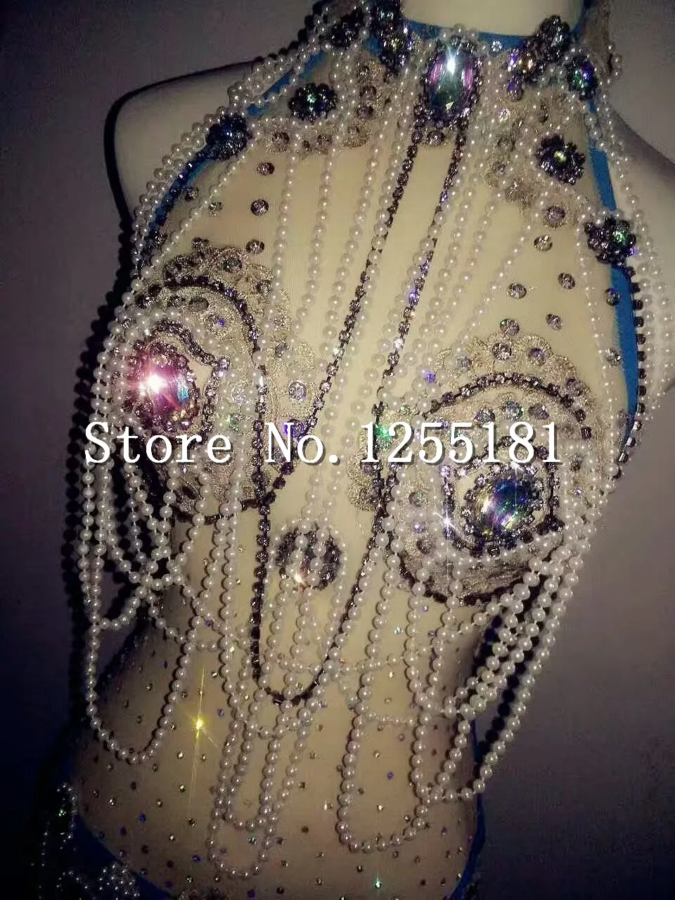 Leotardo de Bikini con cadenas de diamantes de imitación para mujer, traje brillante de una pieza, monos azules con lentejuelas, trajes, ropa de discoteca para baile de escenario