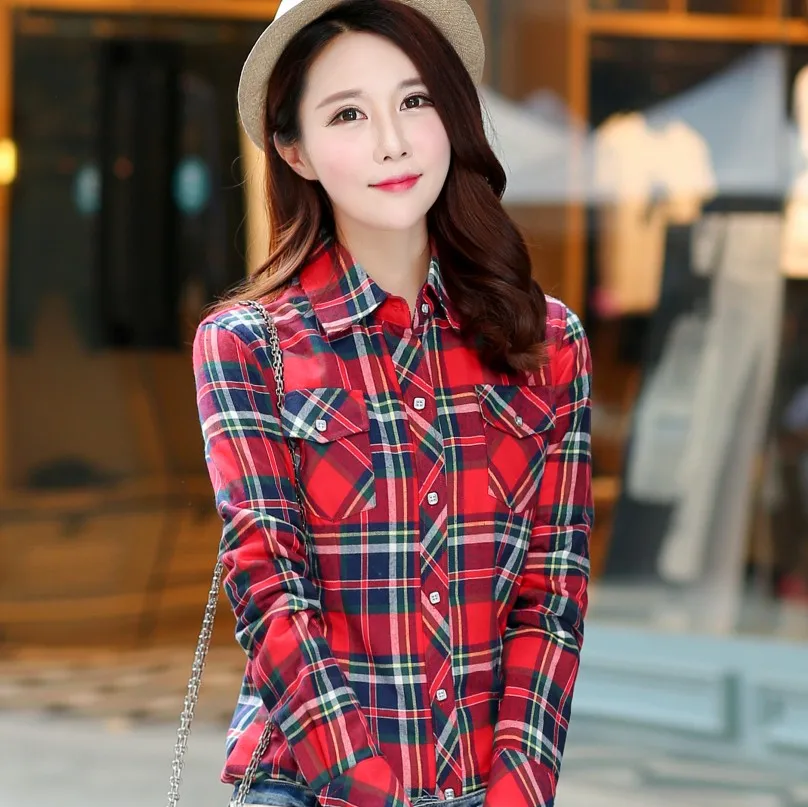 2022 Fashion Plaid Shirt Female College Style Women\'s Blouses Long Sleeve Flannel Shirt Cotton Blusas Office OL Tops