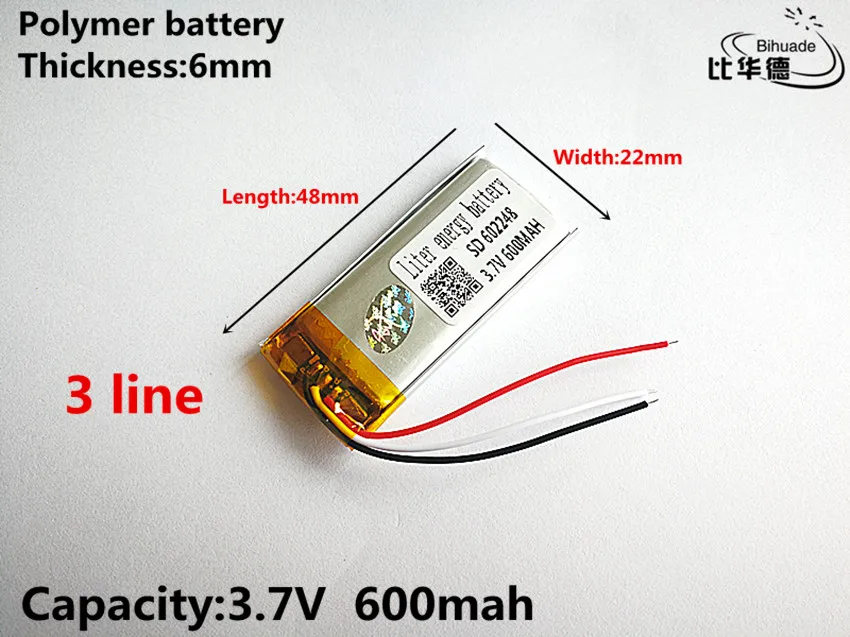 3 สายคุณภาพดี 3.7 V, 600 mAH, 602248 Polymer lithium ion/Li - Ion แบตเตอรี่สำหรับของเล่น, POWER BANK, GPS, mp3, mp4