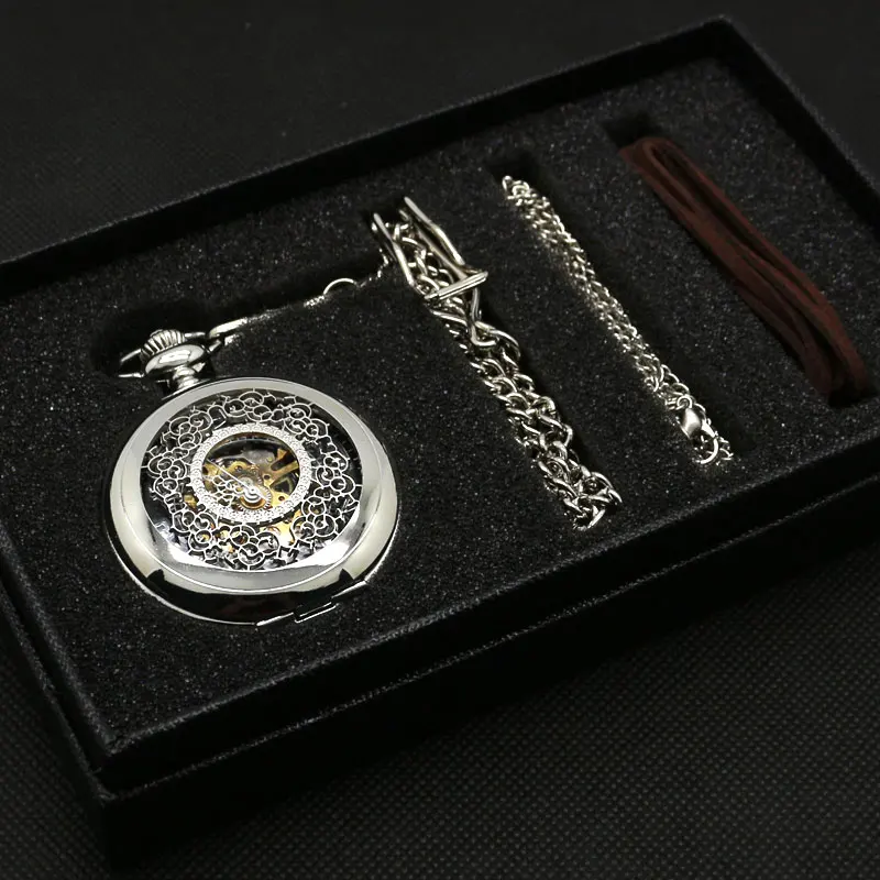 2023 Retro Gift Set Mechanical Hollow Carving Pocket Watch with Pocket Box Bag and Chain Necklace for Men Women Birthday Gift