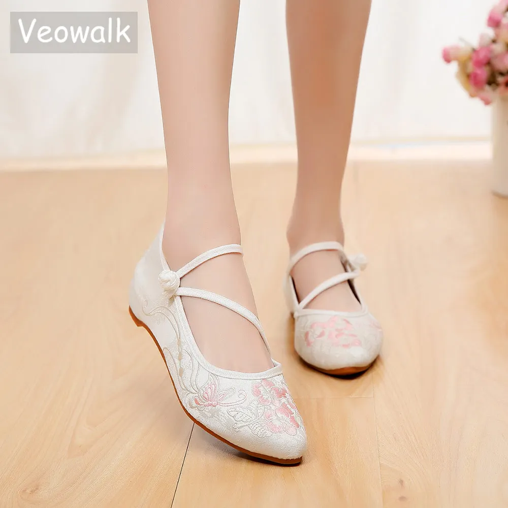 Veowalk Jacquard Cotton Fabric Women Pointed Toe Ballet Flats, Comfortable Casual Embroidered Flat Shoes Ladies Soft Ballerinas