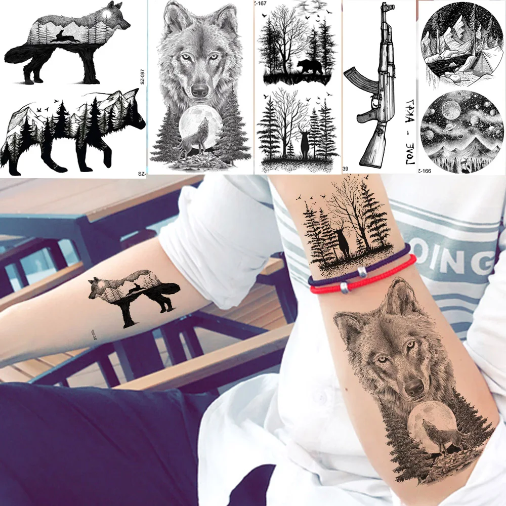 YURAN Men Fashion Black Tattoo Stickers Little Peak Wolf Temporary Tattoo Women Body Art Painting Forearm Waterproof Tatoos Moon