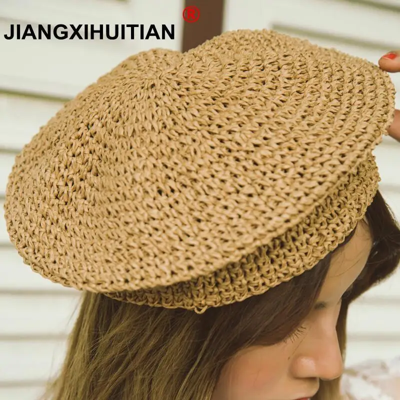 2019 simple 100% Raffia Sun Hat Straw Women Summer Casual Elegant Ladies Beret Hat French Style Fashionable Vintage Painters Hat