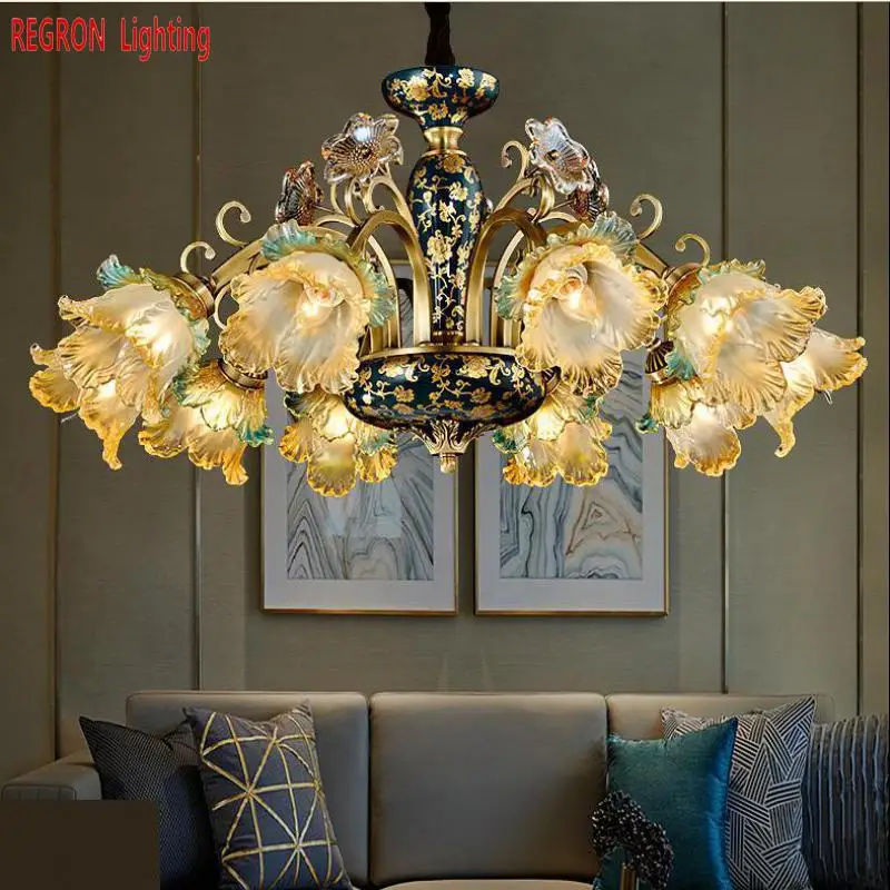 Regron French Style Chandelier Modern Large Copper Glass Led Chandelier Antique Hanging Lights For Villa Stairs Lounge Party