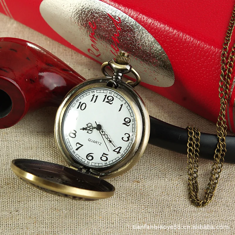 Ring flower round skeleton pocket watch larger half hunter classic chain casual bronze Fob Pocket Watch