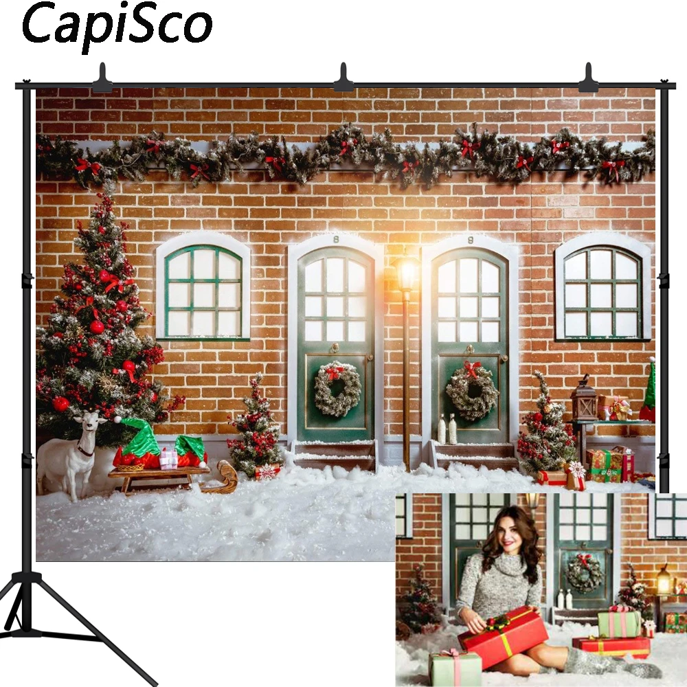 Capisco backdrops for photography Red brick wall door windows snow ground Christmas background for photographic studio