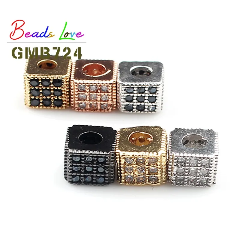 3pcs/lot 6*5mm Metal Micro Pave CZ Crystal Beads Square Shape Copper Spacer Beads for Jewelry Making DIY Charm Men Bracelets