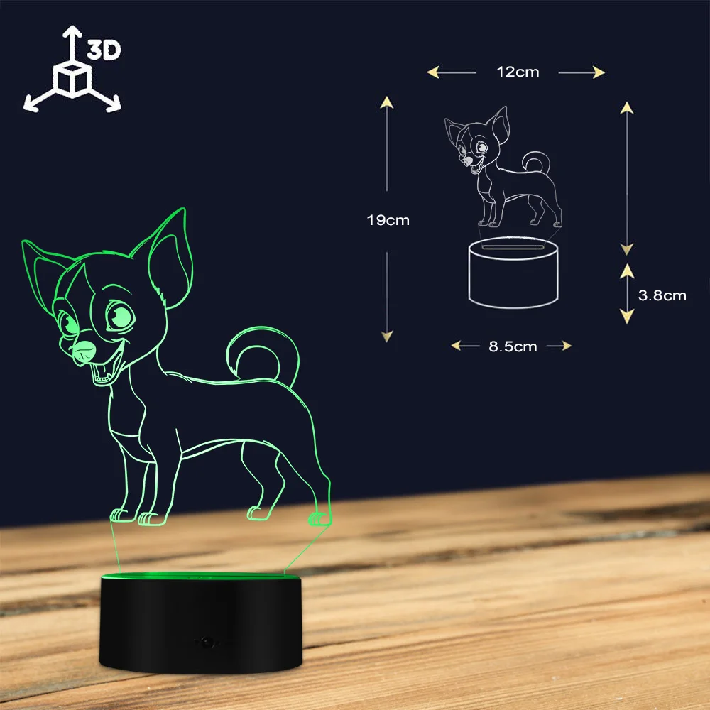 Lámpara de noche moderna con USB para el hogar, luz de ilusión óptica 3D con diseño de perro Chihuahua, Animal bonito, luz LED brillante, iluminación de ambiente para escritorio