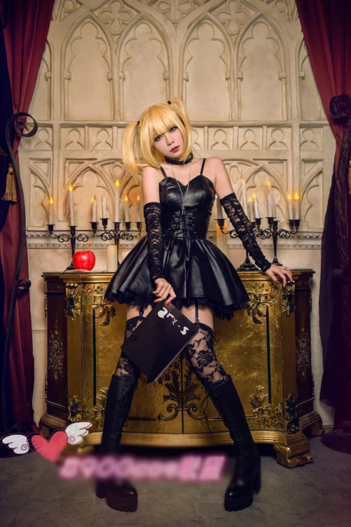 

99 Misa Amane Imitation Leather Dress Sexy Uniform Cosplay Costumes dress+gloves+socks+neck accessory+necklace for Halloween