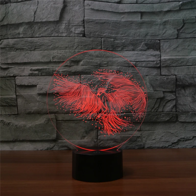 7 Colors round shape Arylic 3D Illusion fire phenix red bird USB 3D LED Nigh Lamp Baby Led for bedroom Great Gift Idea friends