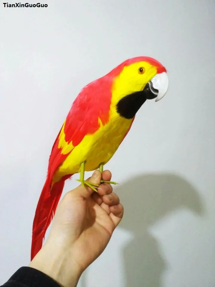 simulation parrot large 42cm yellow&red feathers bird hard modelprop,home garden decoration gift s1344