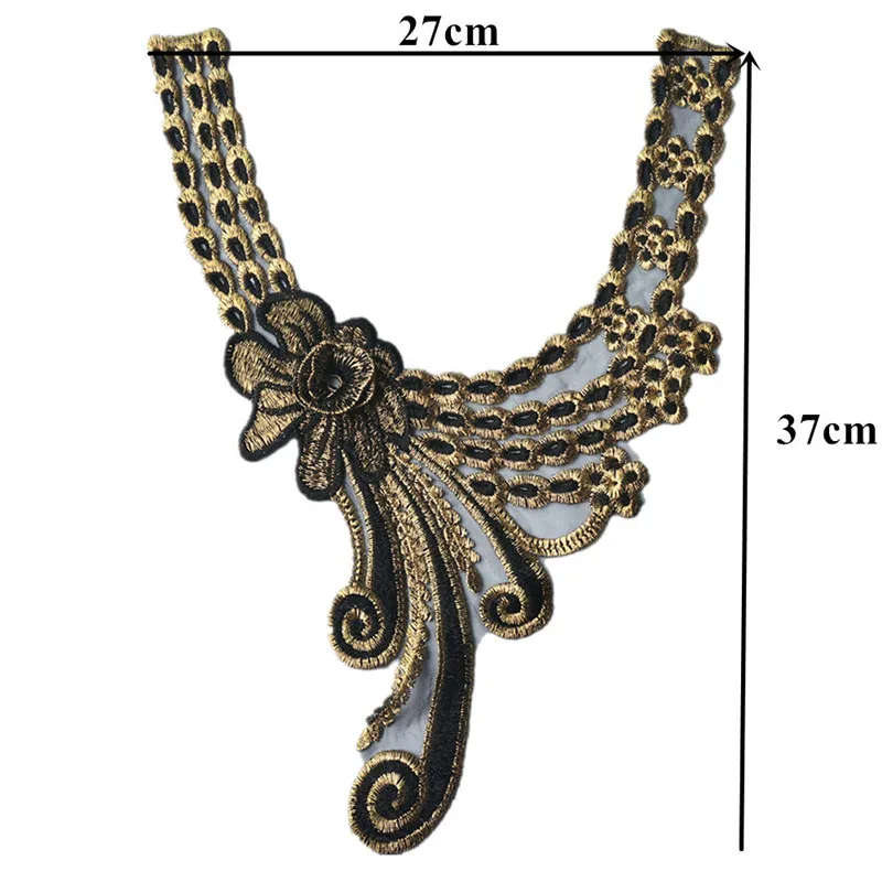37CM Embroidered Flowers Collar Black Gold Varied Lace Trims Appliques Mesh Sew On Patch For Wedding Evening Dress DIY