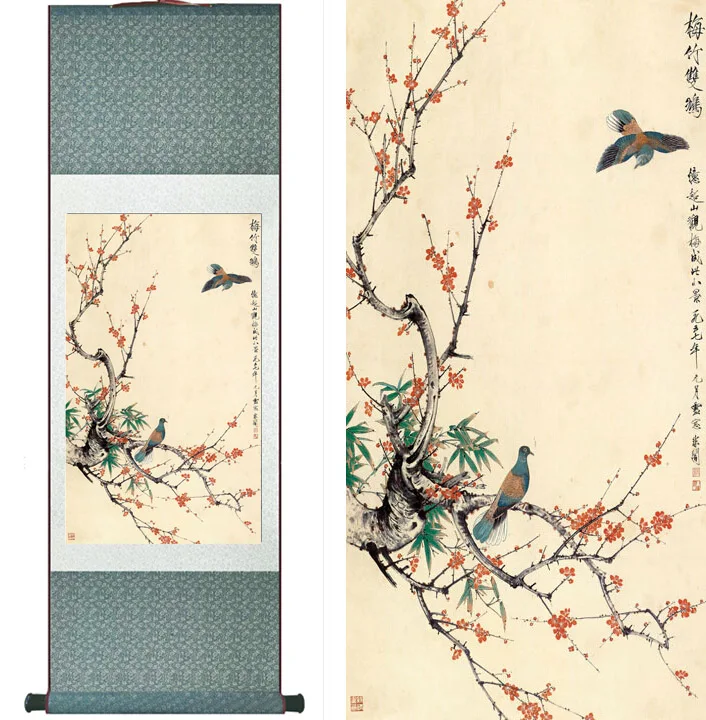 

Birds and flower Painting Home Office Decoration Chinese scroll painting Spring Ink wash paintingPrinted painting