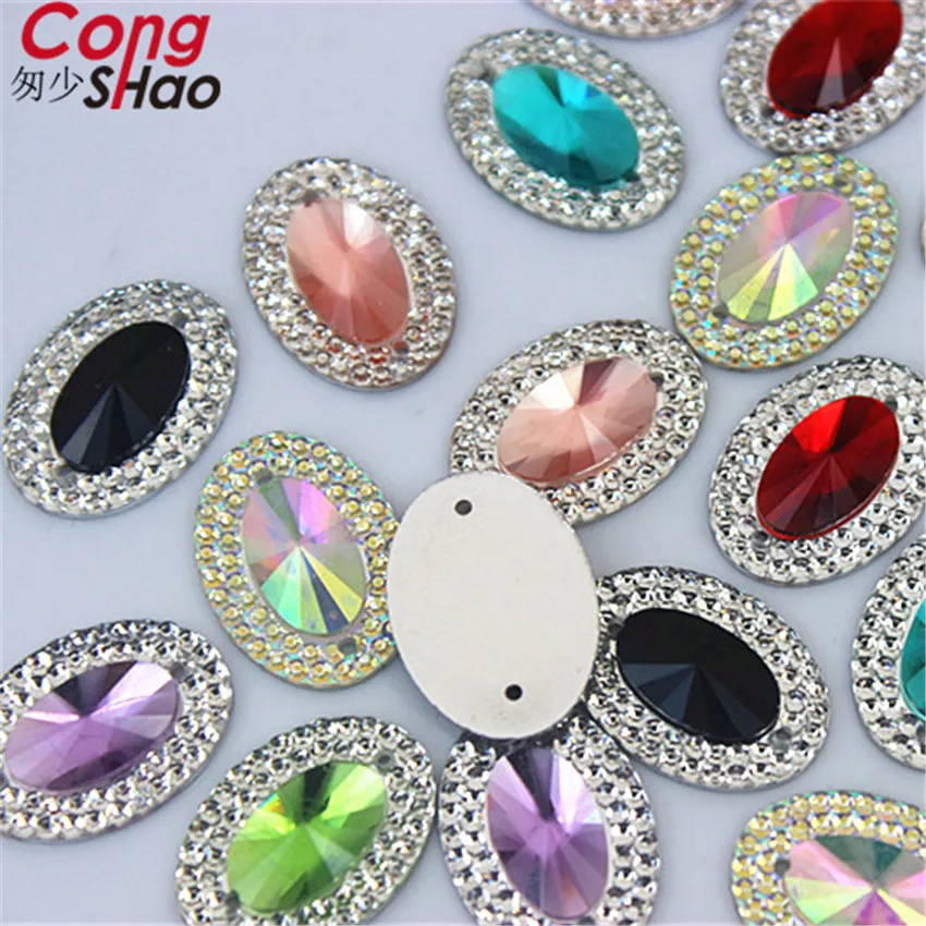 Cong Shao 100 sztuk 13*18/18*25mm kolorowe owalne żywica Rhinestone wykończenia półpłaskie koraliki kryształy szycia 2 otwór guzik kostiumu CS473