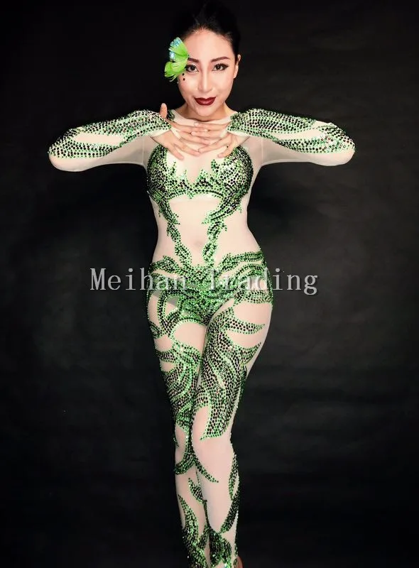 Green Crystals Flower Jumpsuit Women Nightclub Celebrate Jumpsuits Stage Bling Rhinestones Costume Female Singer Bodysuit Wear