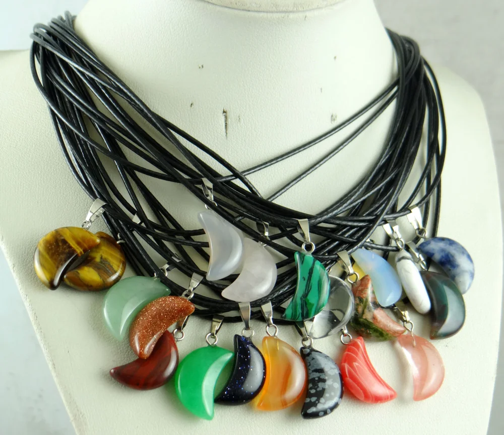 1pcs Moon Necklaces Natural Crystal Pendants Stone Pendant Leather Chains Necklace Women Fashion Jewelry