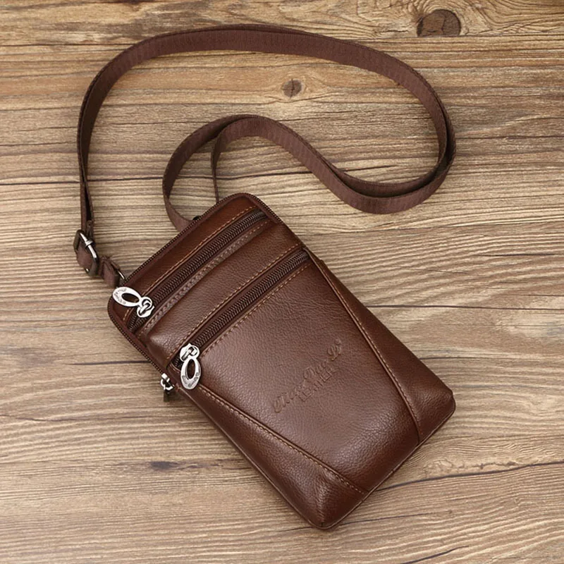 Genuine Leather Men\'s Shoulder Bags Small Square High Quality Multi-Function Messenger Bag Retro Business Office Mobile Phone St