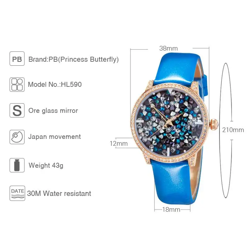 Princess Butterfly Luxury Watch for Women Sparkling Rose Gold Crystal Dial Blue Strap Fashion Quartz Designer Ladies Watch