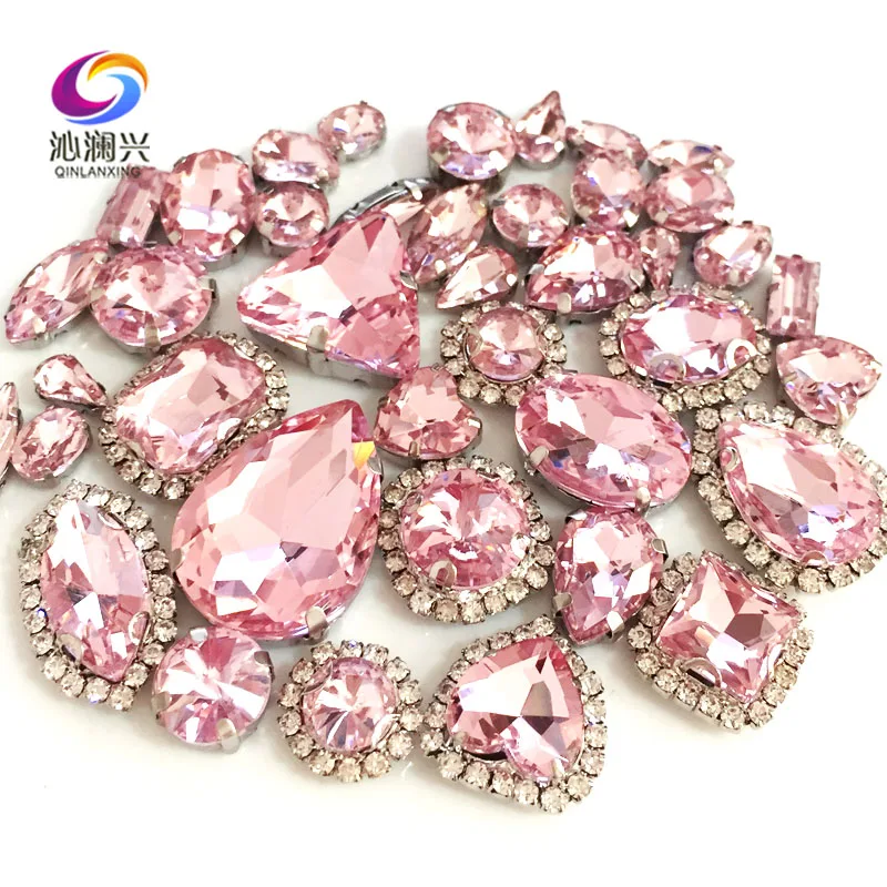 

Pink Color Mix Size Crystal Buckle+claw Rhinestone,Silver Base Galss Sew on Stones Diy/Clothing Accessories 50pcs/pack