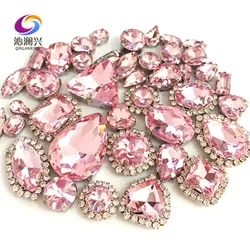 Pink Color Mix Size Crystal Buckle+claw Rhinestone,Silver Base Galss Sew on Stones Diy/Clothing Accessories 50pcs/pack