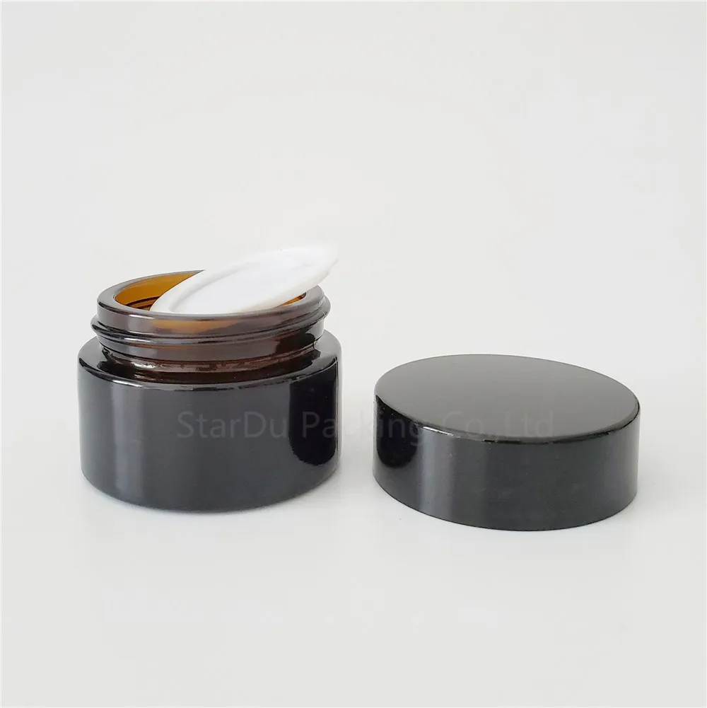 

200pcs/lot 5g 10g 15g 20g 30g 50g Glass Jars For Cosmetics Amber Glass Cream Jars Cosmetic Packaging With Lid Black Plastic Caps