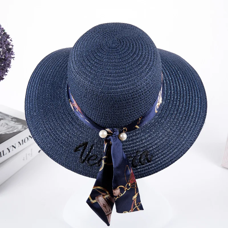 New Outdoor Hat Recreational Beach Wide Brim Summer Elegant Ladies Sunshade Cap Embroidered Pearl Floating Basin Caps H031